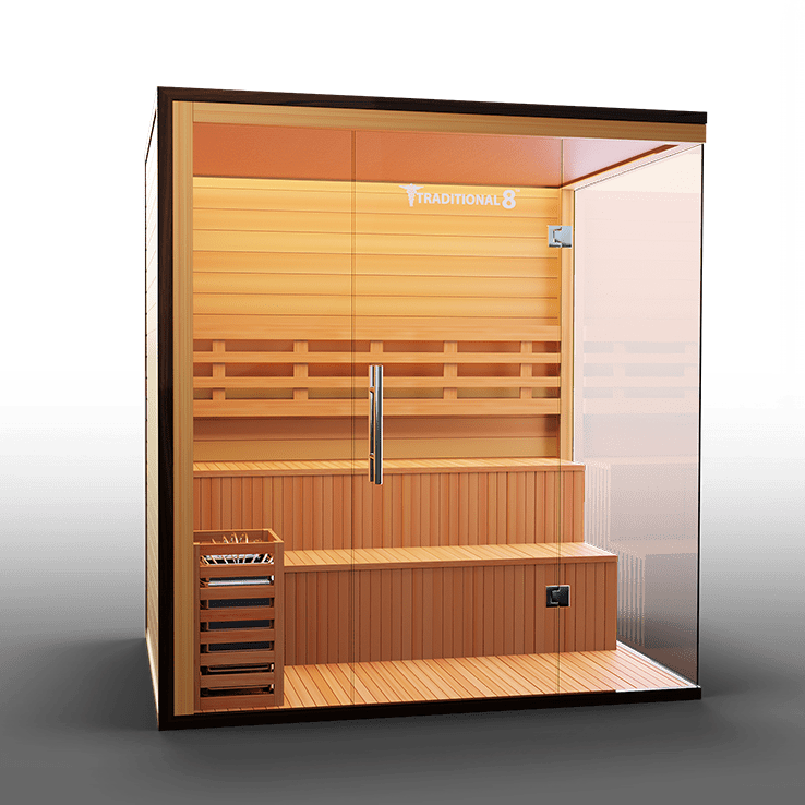 Angled front view of Medical Traditional 8 Plus Sauna with two-wall glass design