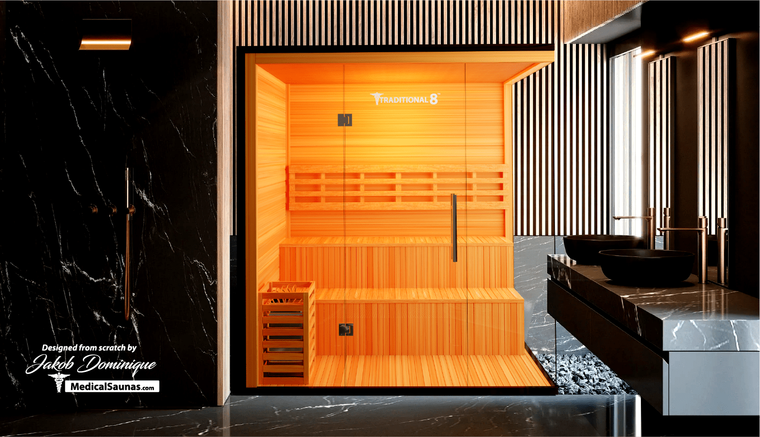 Medical Traditional 8 Plus Sauna installed in a high-end black tile bathroom setting