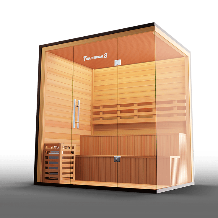 Side label view of Medical Traditional 8 Plus Sauna showing stove and seating inside