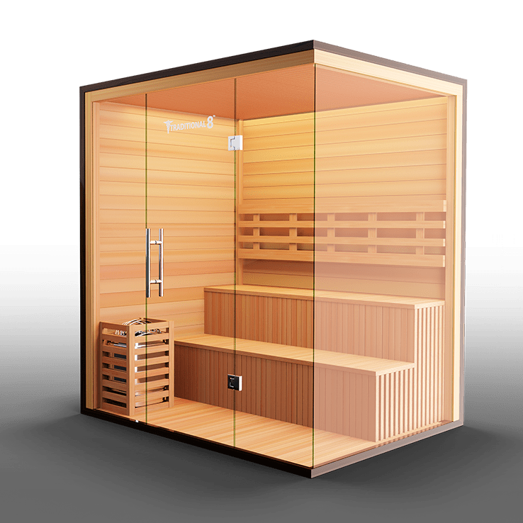 Corner view of Medical Traditional 8 Plus Sauna with clear panels and ergonomic layout