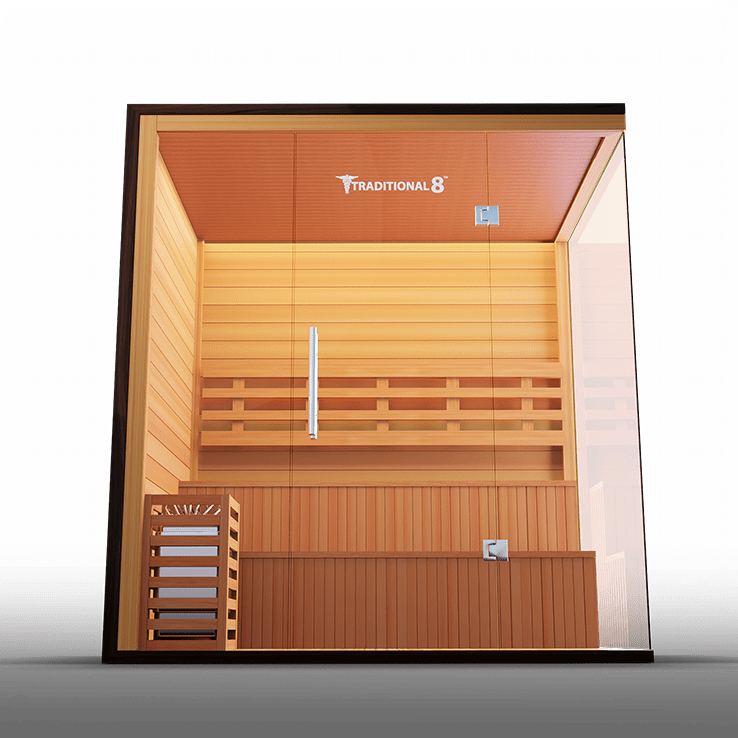 Medical Traditional 8 Plus Sauna front view with stadium seating and Canadian Hemlock finish