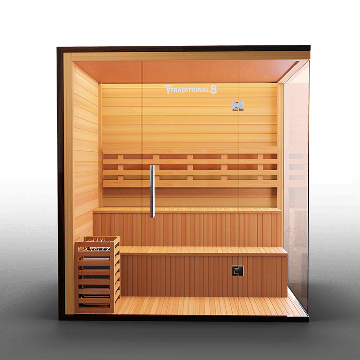 Interior view of Medical Traditional 8 Plus Sauna showing double decker stadium seating and heater