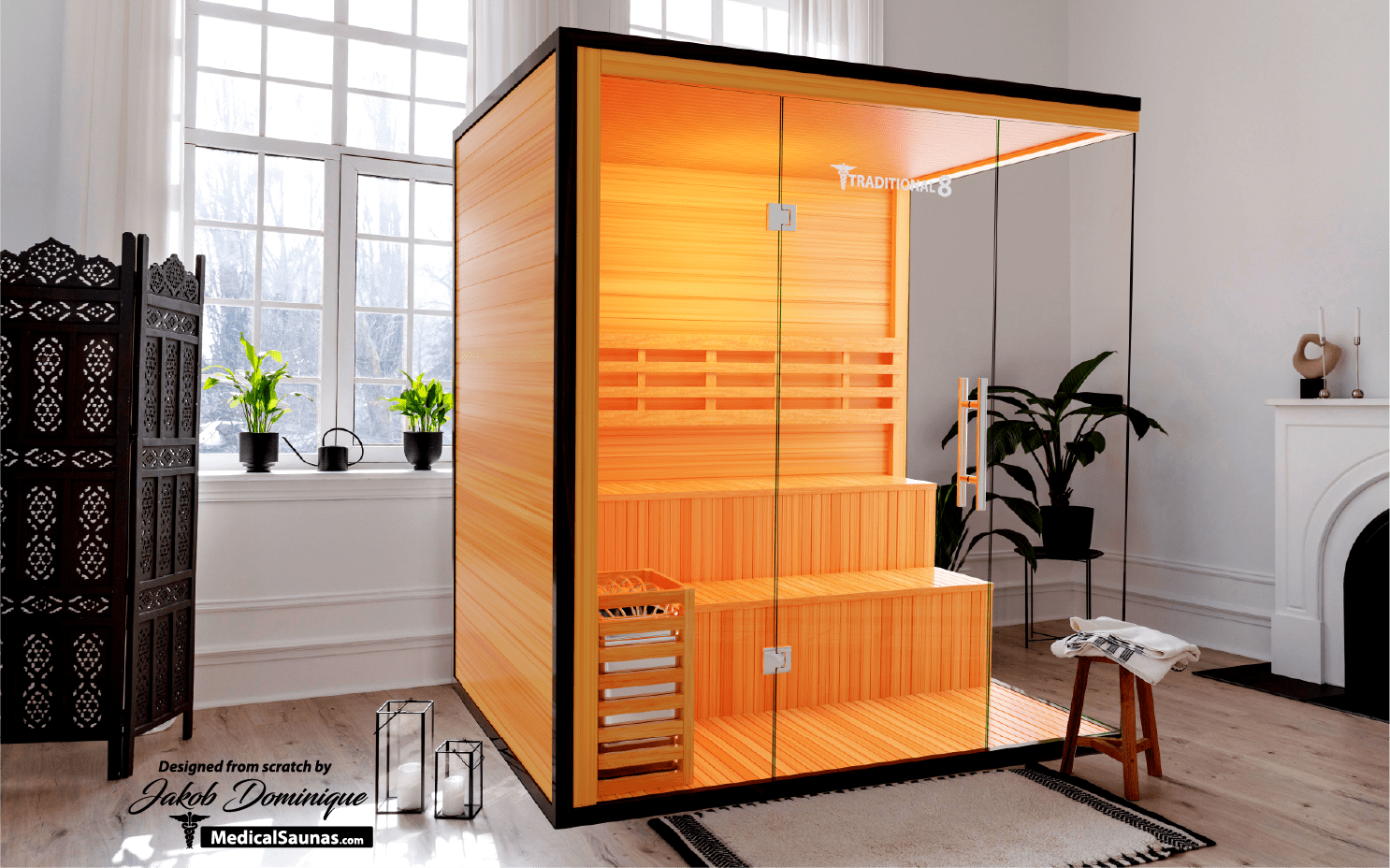 Medical Traditional 8 Plus Sauna placed in a bright modern room with luxury decor
