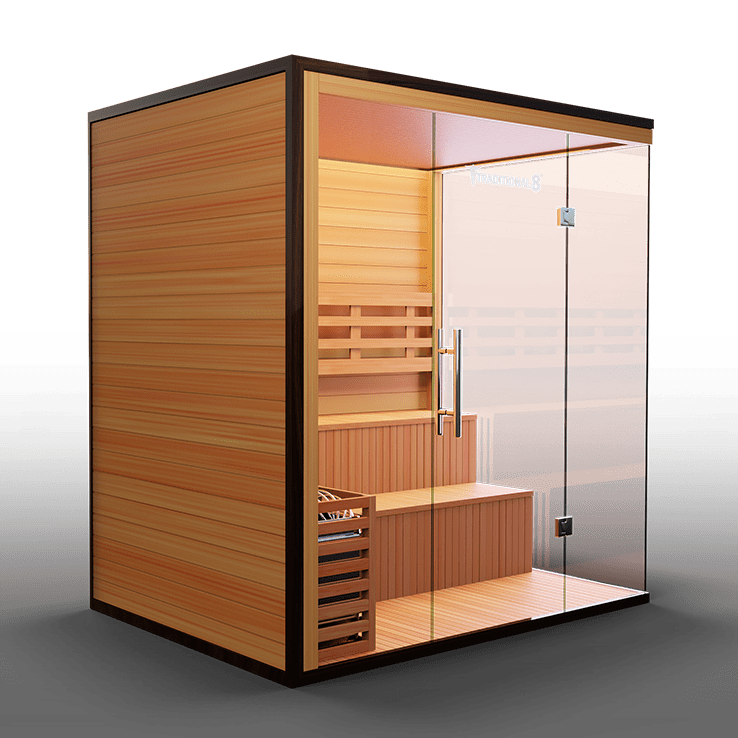 Side view of Medical Traditional 8 Plus Sauna featuring full glass walls and stove placement