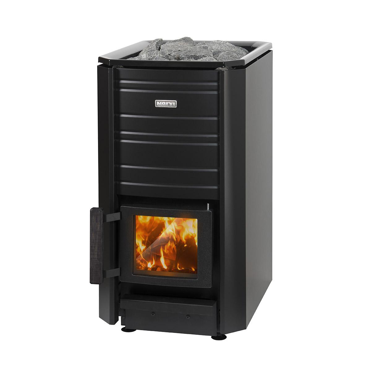 Narvi black wood-burning sauna stove with visible firebox, stone top tray, and matte black steel body