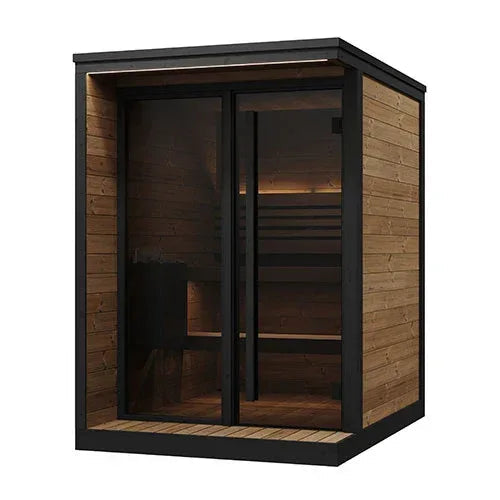 SaunaLife GL4 Outdoor Sauna Kit with warm brown wood walls, black fascia and bronze-tinted glass front door and window