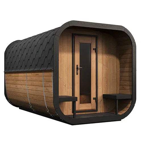 Outdoor sauna suite, SaunaLife Model CL12GCPCP, with natural wood walls, dark shingle roof, curved frame and front benches
