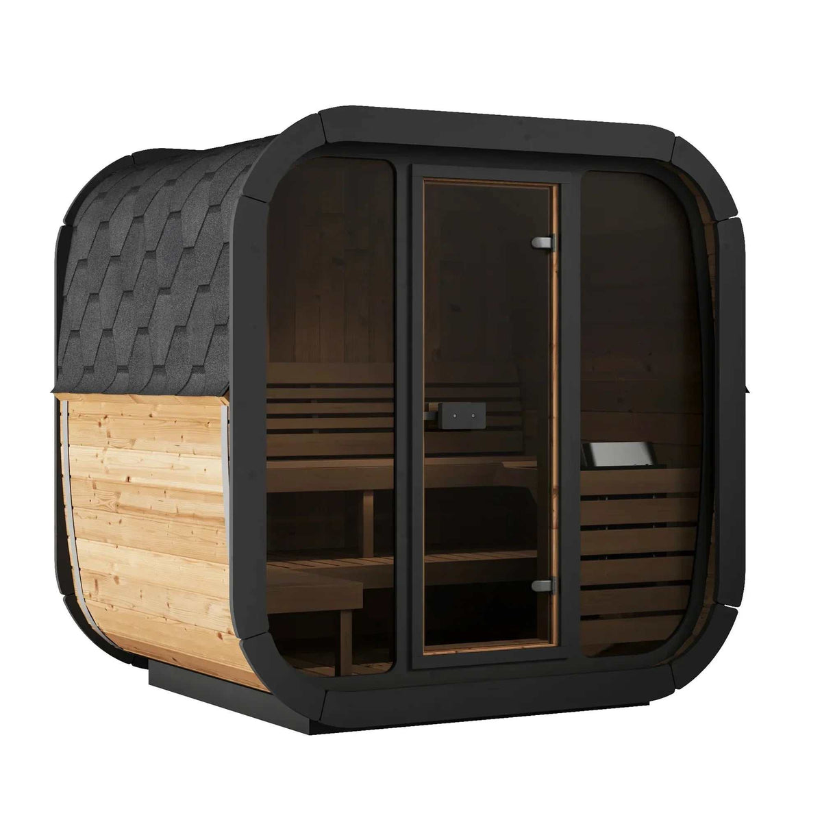 SaunaLife Model CL5G outdoor sauna with pale wood side panels, dark shingle roof, and bronze glass front and door