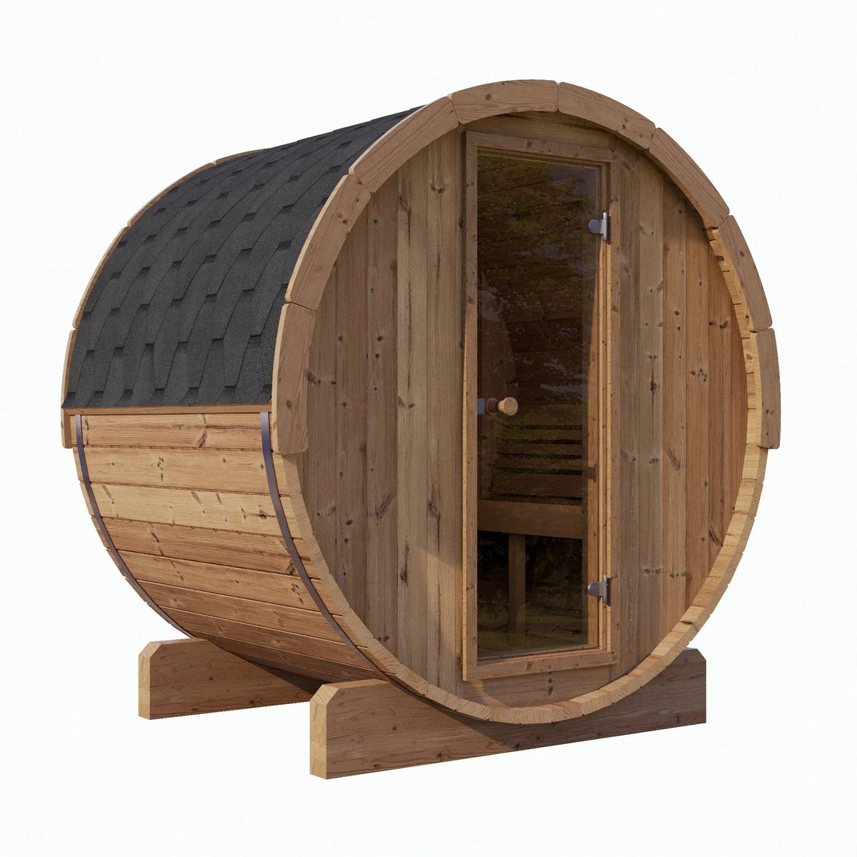SaunaLife Model E6 Sauna Barrel in natural brown Thermo-Spruce with a rounded shape, black shingle roof and bronze glass door