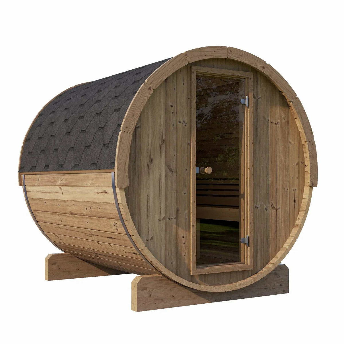 SaunaLife Model E8 Sauna Barrel in natural brown wood with black shingle roof and bronze glass door