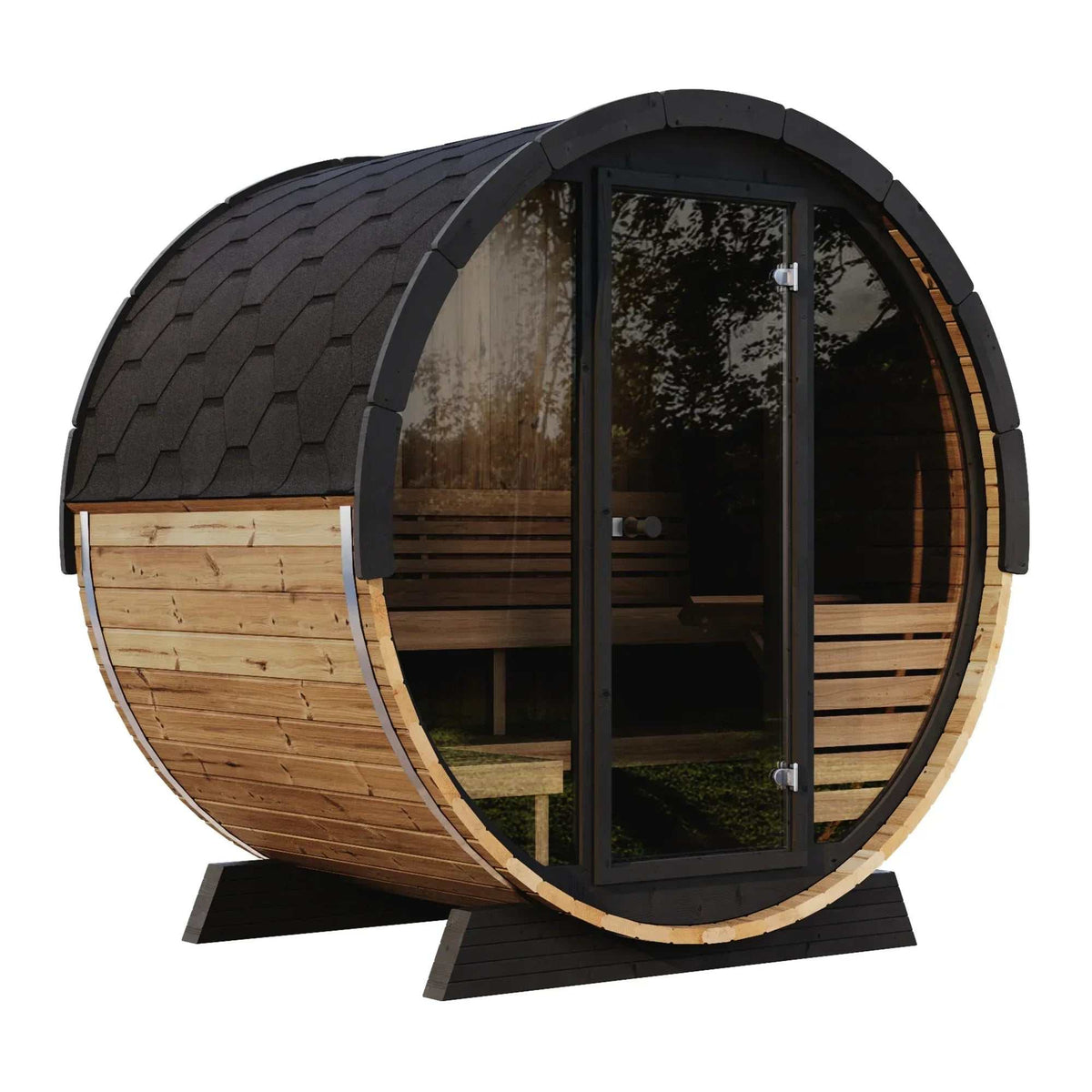 SaunaLife Model EE6G Sauna Barrel in golden-brown wood with a rounded shape, black shingle roof, and full-glass front