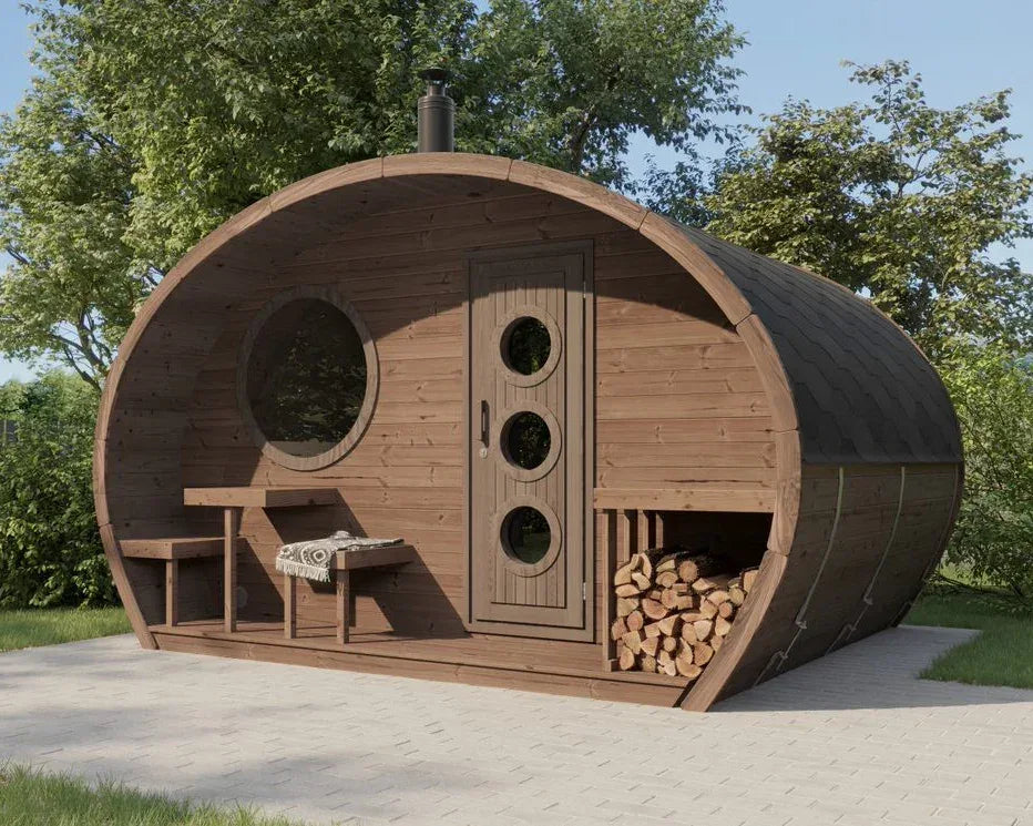 SaunaLife Model G11 outdoor sauna with a rounded brown wood cabin, circular windows, front benches and log storage