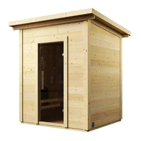 SaunaLife Model G2 outdoor sauna kit in pale natural wood with horizontal plank walls, slanted roof and dark glass door