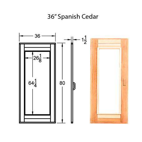 Technical drawing and front view of the Scandia 36-inch Spanish Cedar sauna door, featuring premium wood construction and tempered glass for insulation.