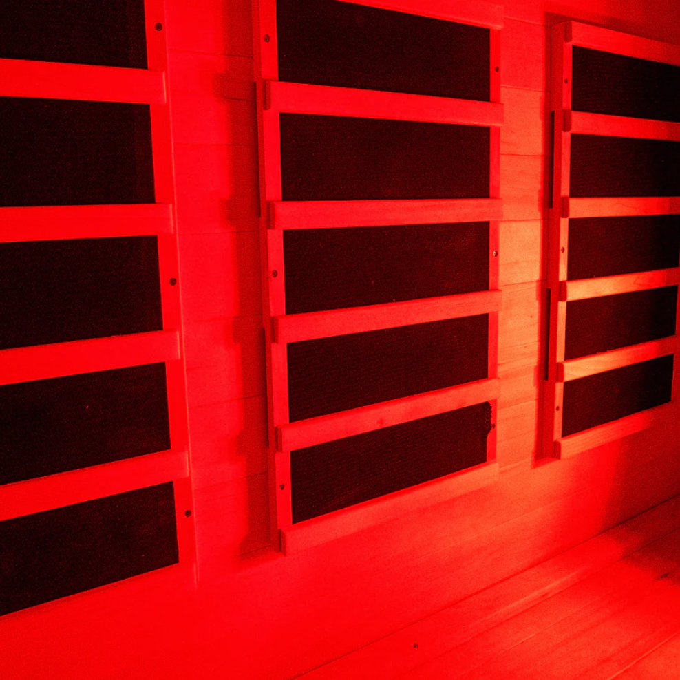 Close-up of the Sweat Box Infrared Sauna’s carbon heating panels, designed for even heat distribution, detoxification, and deep relaxation therapy.