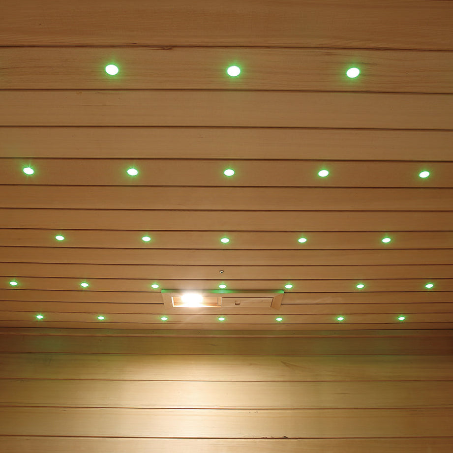 Modern green LED ceiling lights inside Waja I002 sauna interior