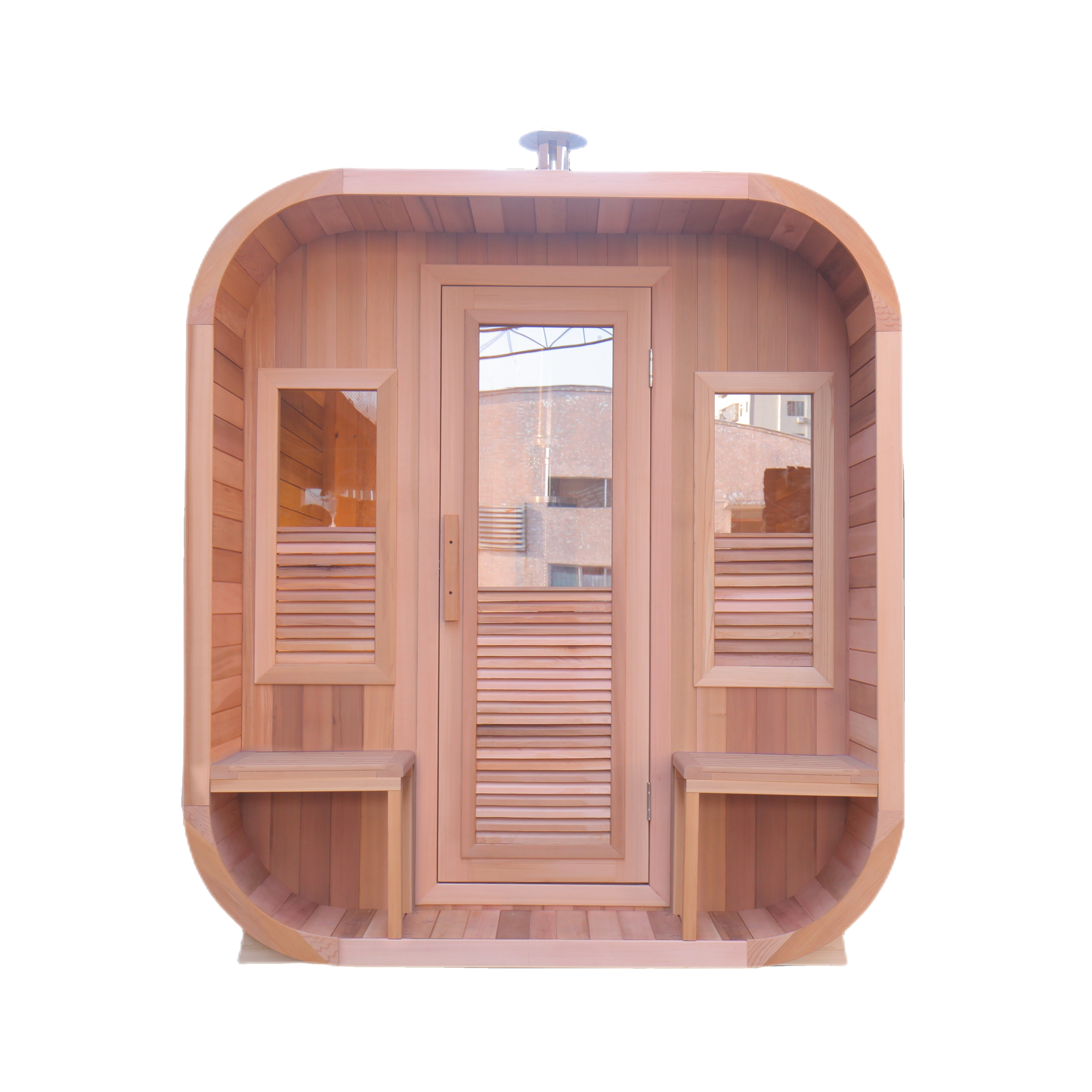 Front-facing view of Waja Luna sauna in Thermo finish with twin benches and glass doors