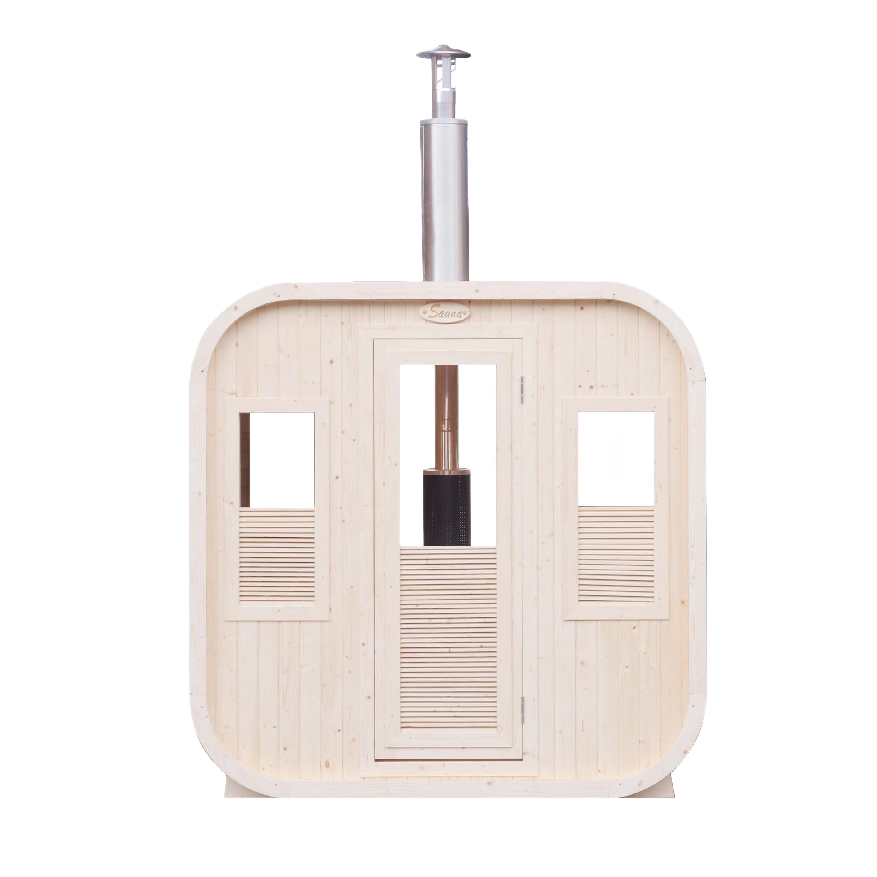 Rear of Waja Luna barrel sauna showing chimney cutout for wood-burning heater compatibility