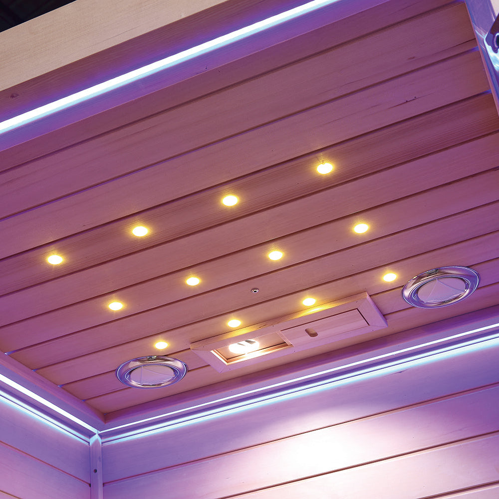 Interior ceiling view of Waja WJS-I014 showing LED lighting and Canadian Hemlock panels
