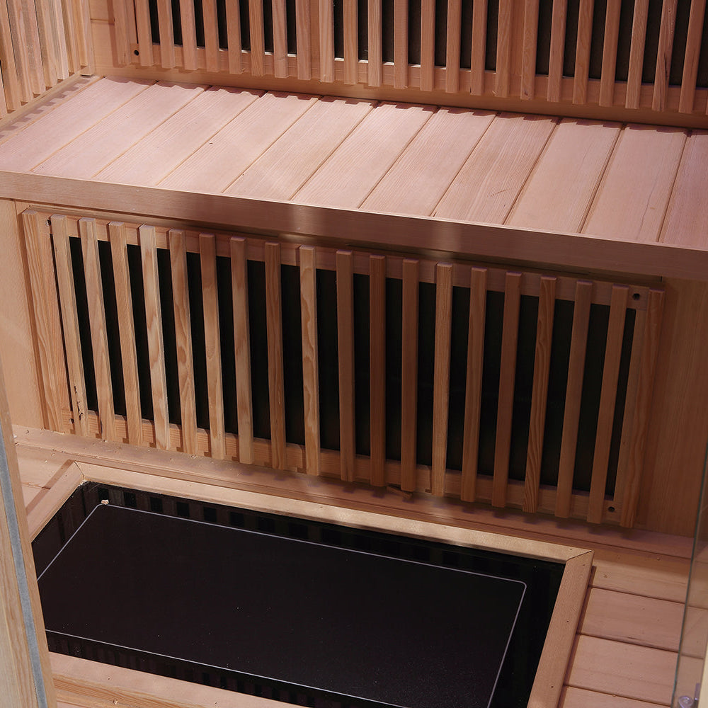 Ceramic heater and wood bench layout in Waja WJS-I014 Infrared Sauna