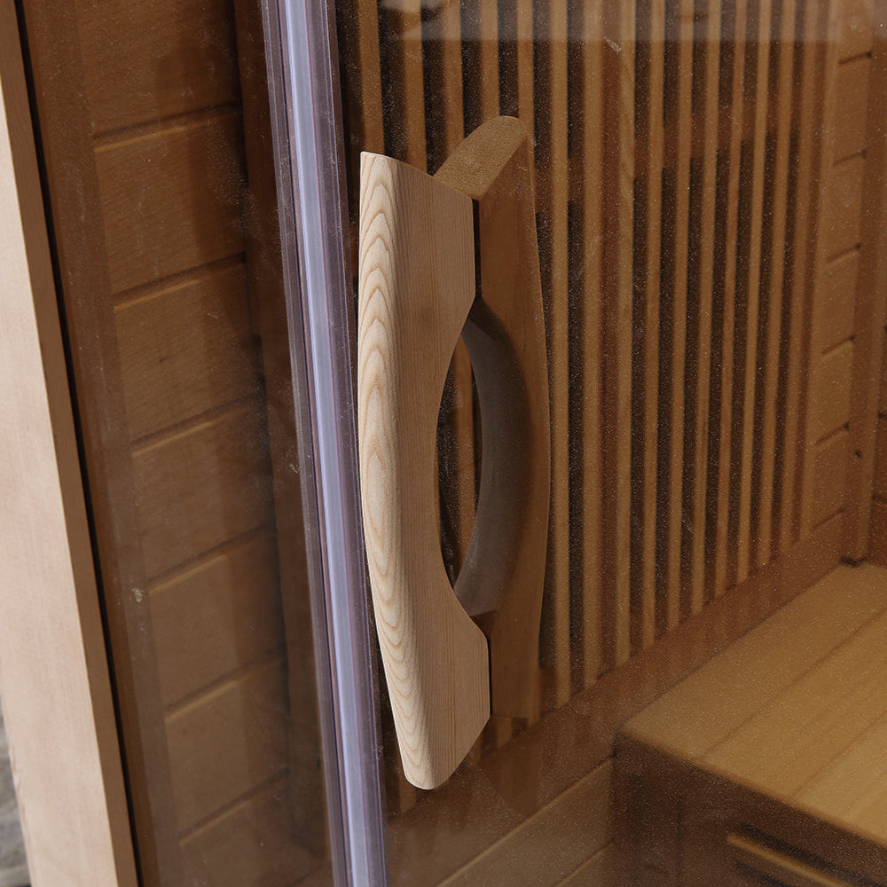 Close-up of wood door handle on Canadian Hemlock infrared sauna