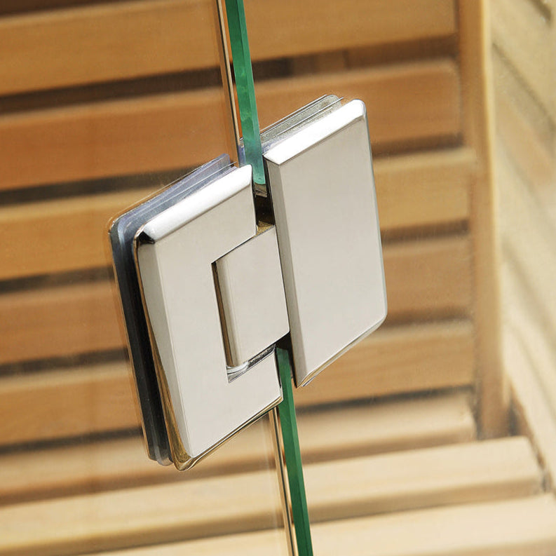 Close-up of stainless steel hinge on full-glass sauna door for Waja I008