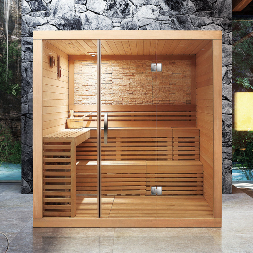 Waja WJT-I009 traditional sauna with tempered glass front and wide bench seating in Canadian Hemlock finish