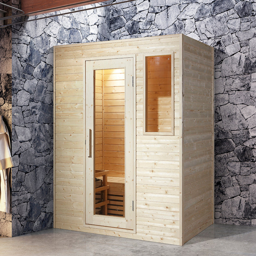 Waja WJT-I010 traditional sauna with vertical Canadian Hemlock panels and tempered glass front door and side window