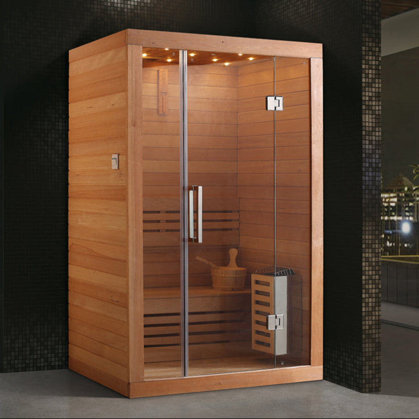 Waja WJT-I017 traditional sauna with tempered glass door and dark Canadian Hemlock exterior