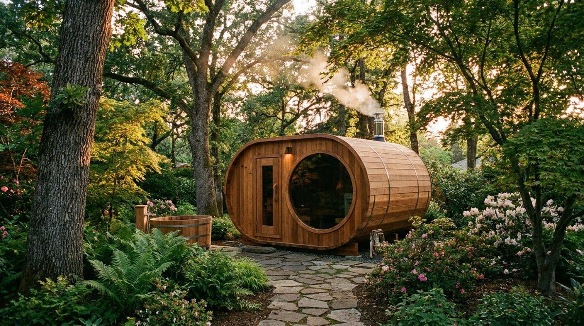 A cedar barrel sauna situated in a peaceful, tree-lined backyard bathed in warm golden-hour light.