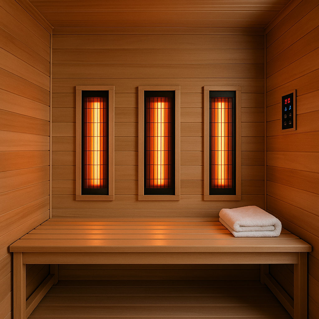 Modern infrared sauna interior glowing with heater bars and a digital panel, cedar bench with towel, clean wellness vibe for calorie burn guide
