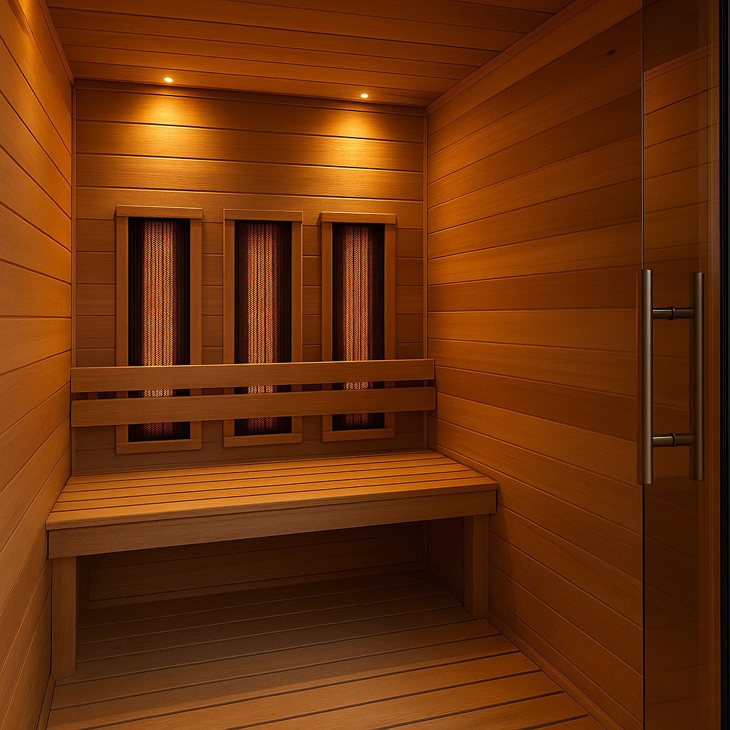 Ultra-low EMF infrared sauna interior with warm lighting and carbon panels, modern wood cabin, square cover image
