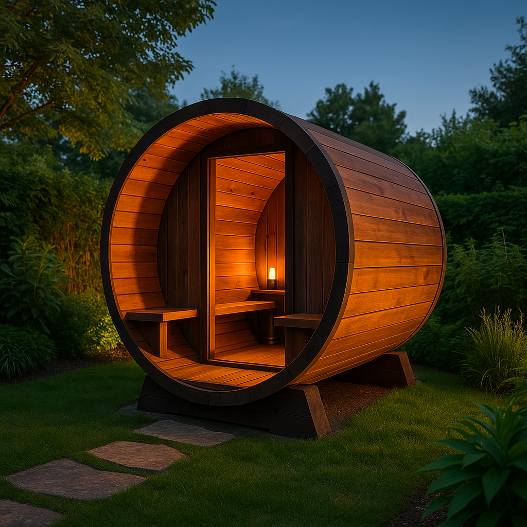 Outdoor barrel sauna in a landscaped backyard at dusk with warm glowing interior lighting and surrounding lush greenery