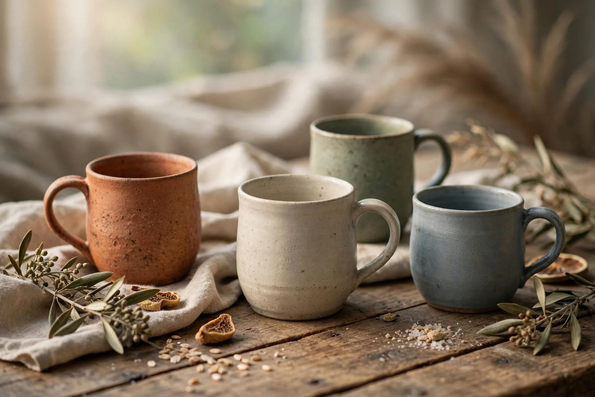 Artisanal ceramic mugs arranged on a rustic wooden table in soft morning light
