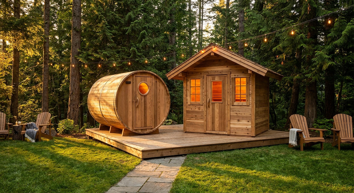 A cedar barrel sauna and a wood cabin sauna sit side by side on a backyard deck surrounded by evergreen trees at golden hour.
