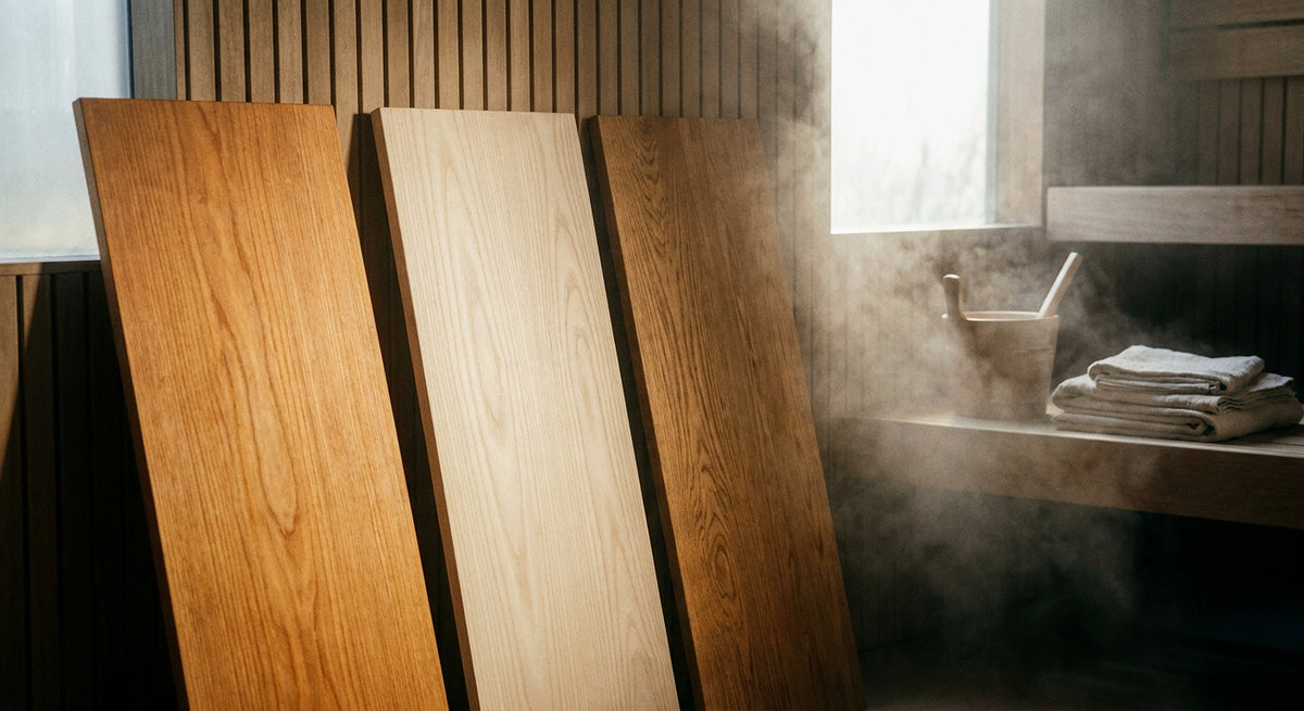 Three distinct sauna wood panels with varying grain textures and tones displayed side by side in a softly lit Nordic sauna interior with gentle steam in the air.