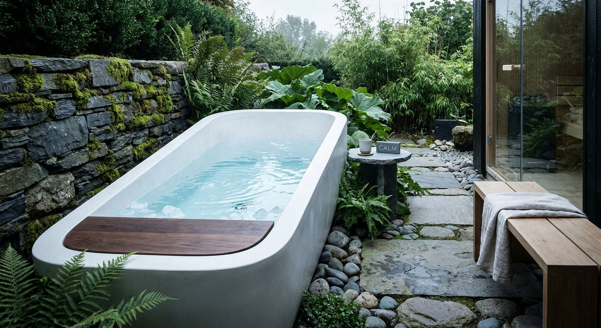 A luxury cold plunge tub filled with clear blue water set in a serene outdoor residential wellness space surrounded by natural stone and greenery.
