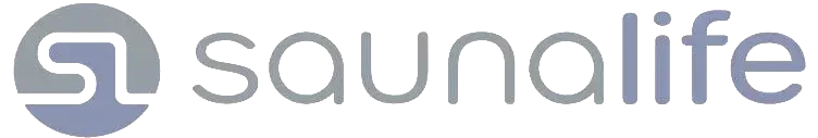 SaunaLife logo with a blue-gray circular emblem and lowercase wordmark in matching gray-blue lettering