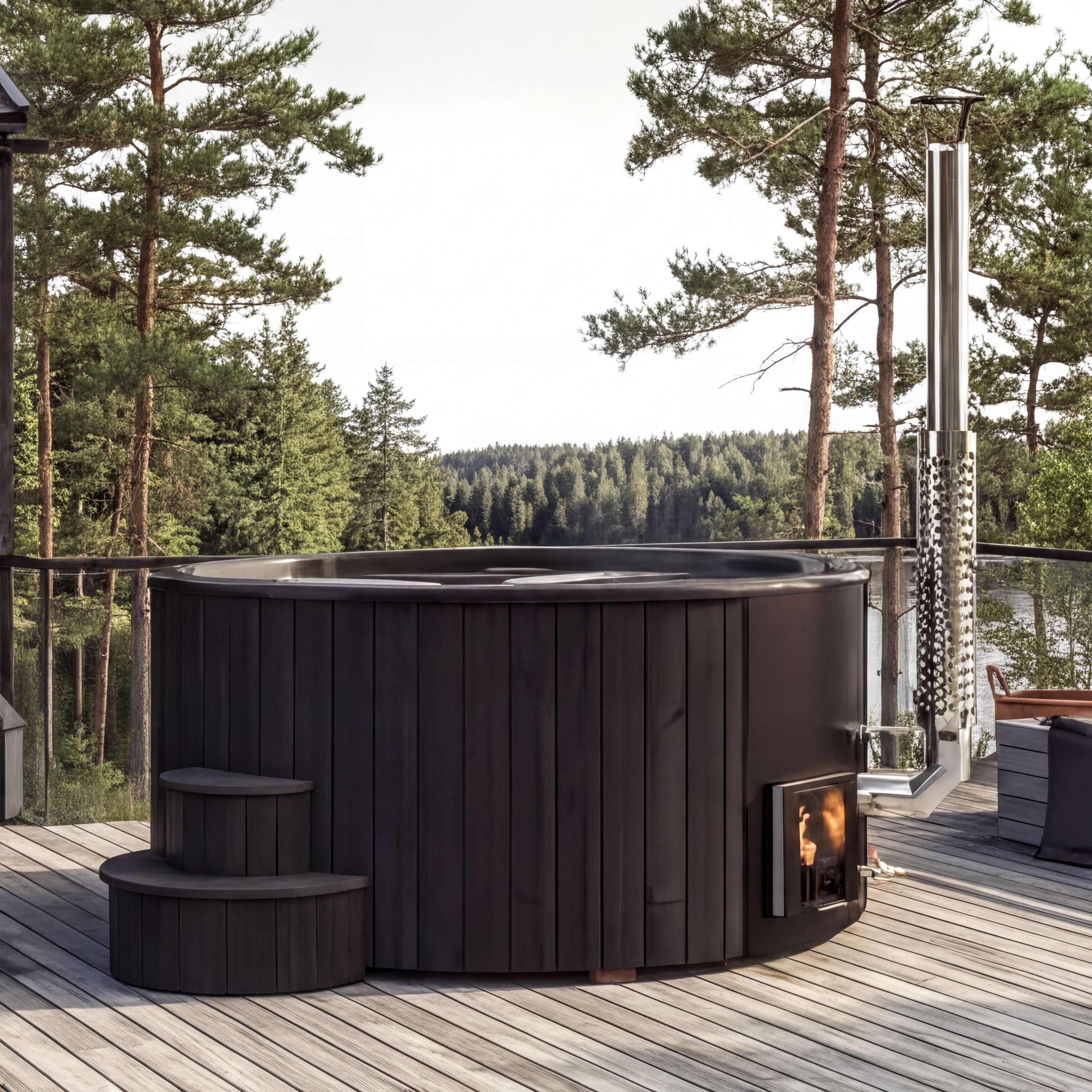 A large wooden hot tub sits on a wooden deck, surrounded by a scenic forest view.