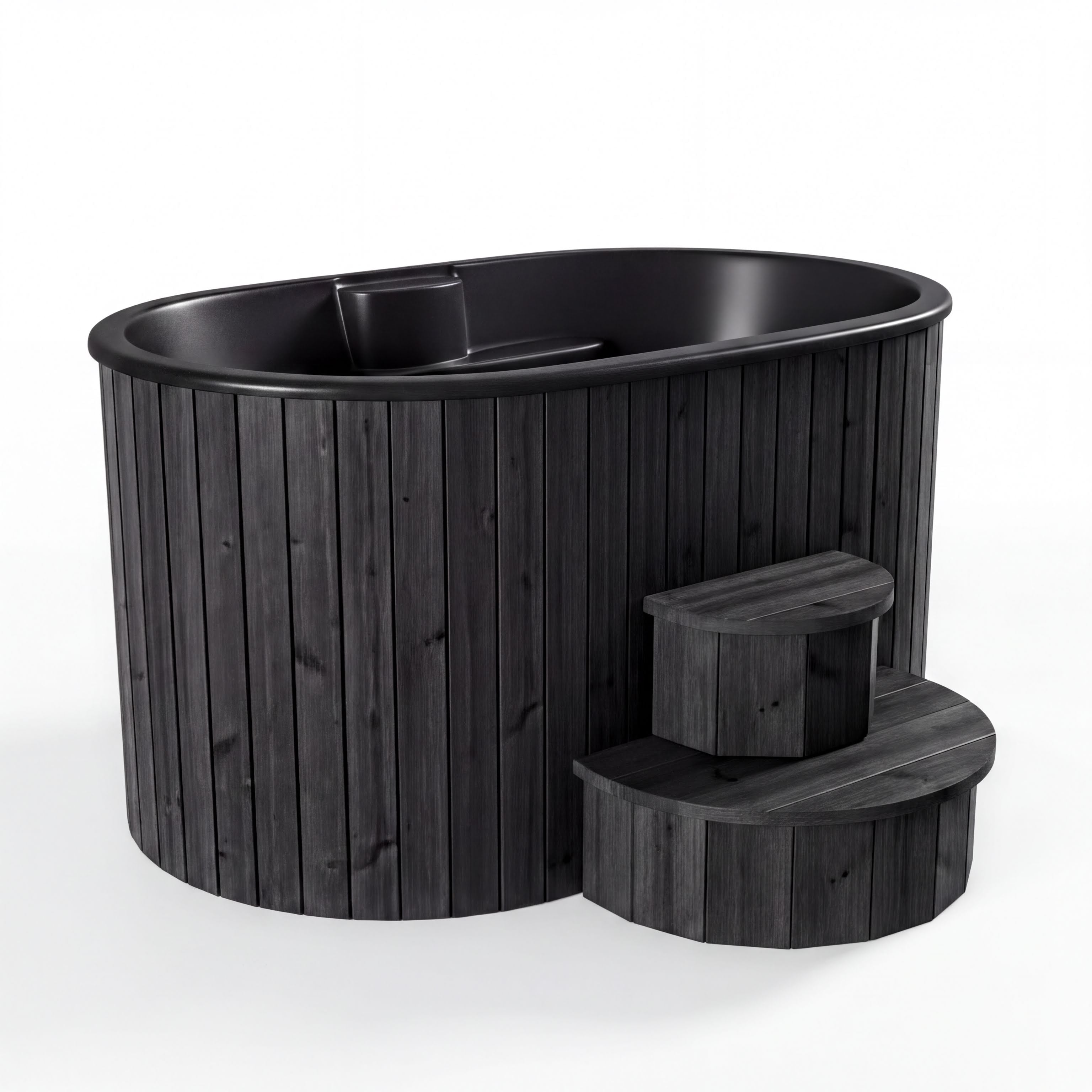 A black wooden hot tub with a curved edge and a small step on the side.