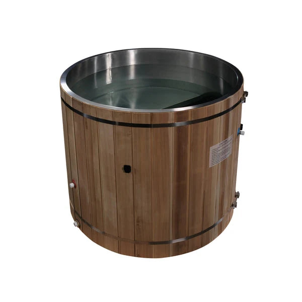 Dynamic Cold Therapy DCT-B-042-SSPC-34 Stainless Steel Barrel Cold Plunge with Pacific Cedar Exterior Dynamic Saunas
