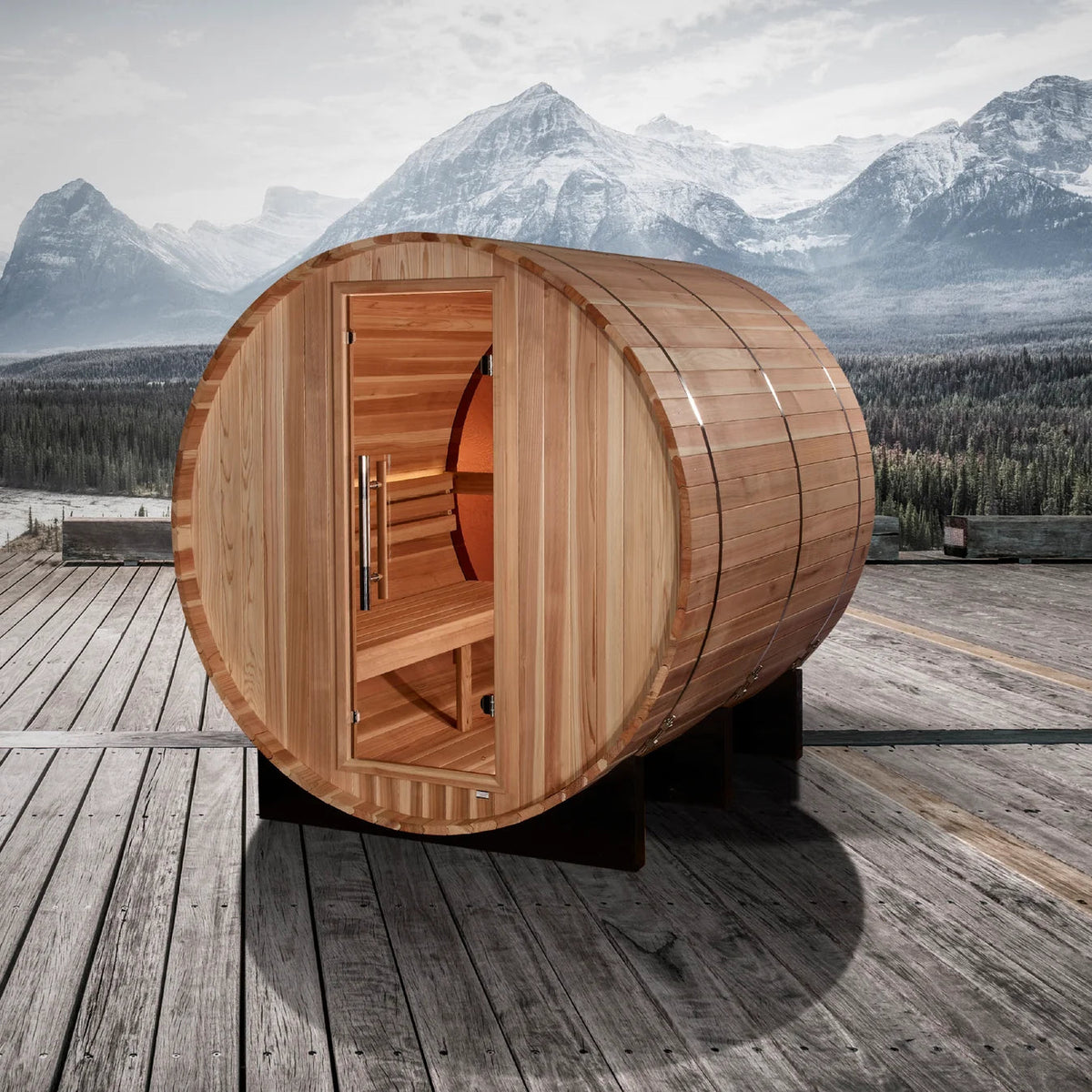 Golden Designs Zurich 4-Person Barrel Sauna with Bronze Privacy View Golden Designs