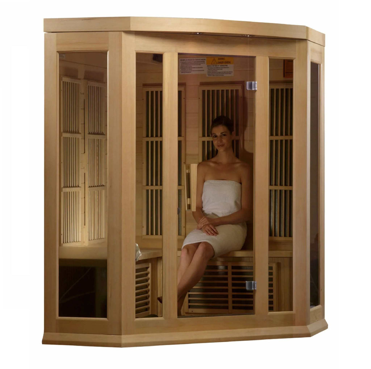Maxxus 3-Person Corner infrared sauna in light Canadian hemlock wood, with bronze-tinted glass and a corner-fit cabin