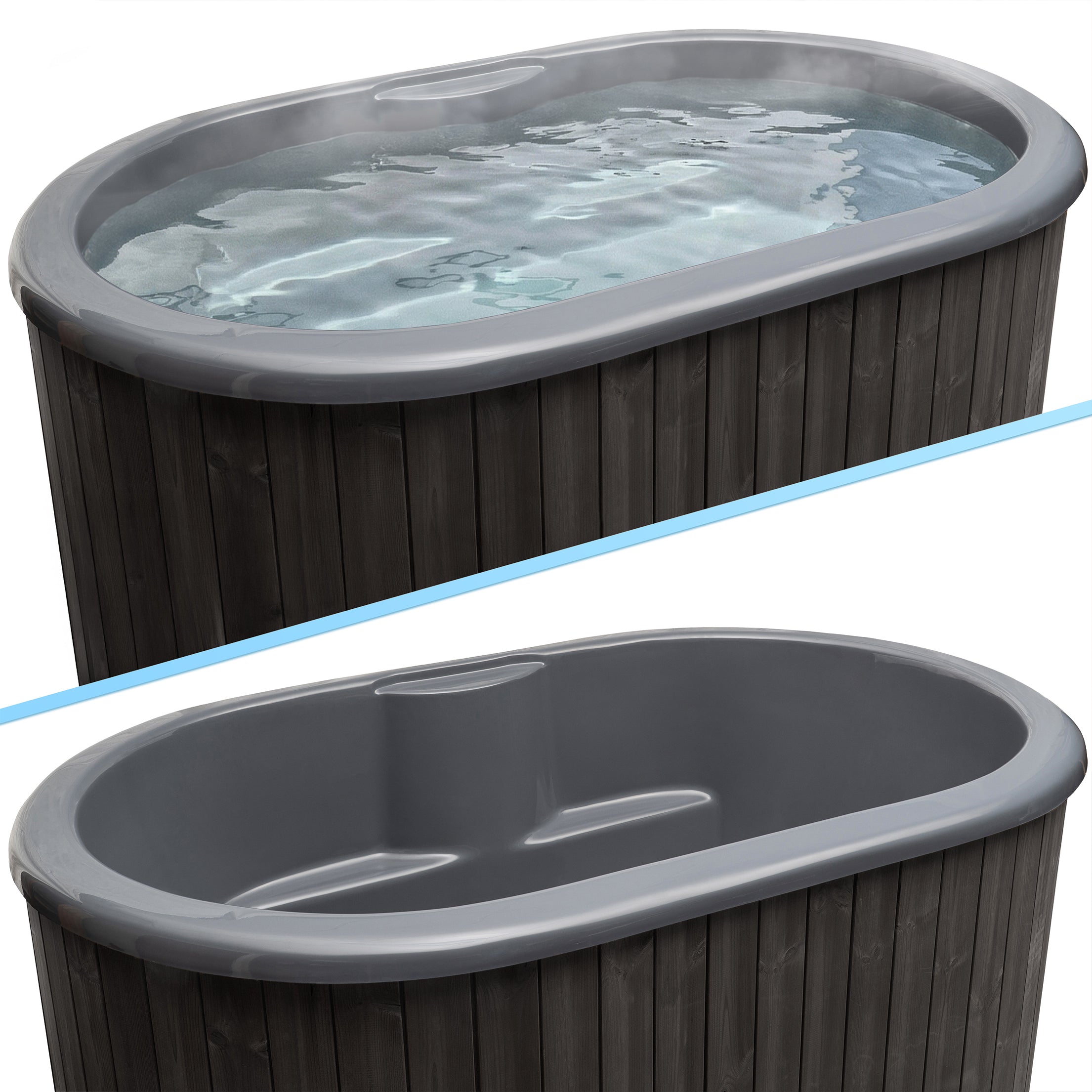 two views of a wooden hot tub with a gray interior. The hot tub appears to be made of wood and has a curved edge, giving it a modern and sleek design.