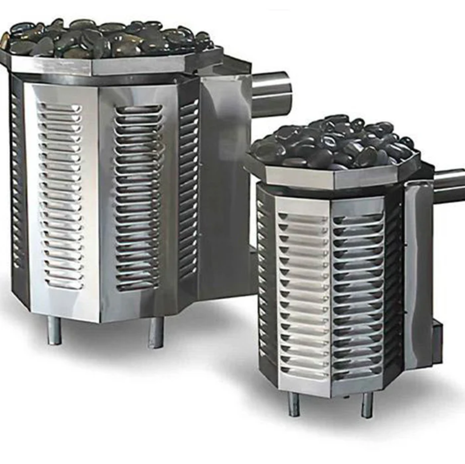 Comparison of two Scandia 80K BTU gas sauna heaters in different sizes, showcasing their design and capacity options.