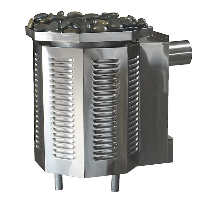 Side view of the Scandia 80K BTU gas sauna heater, featuring an exhaust vent for proper ventilation.