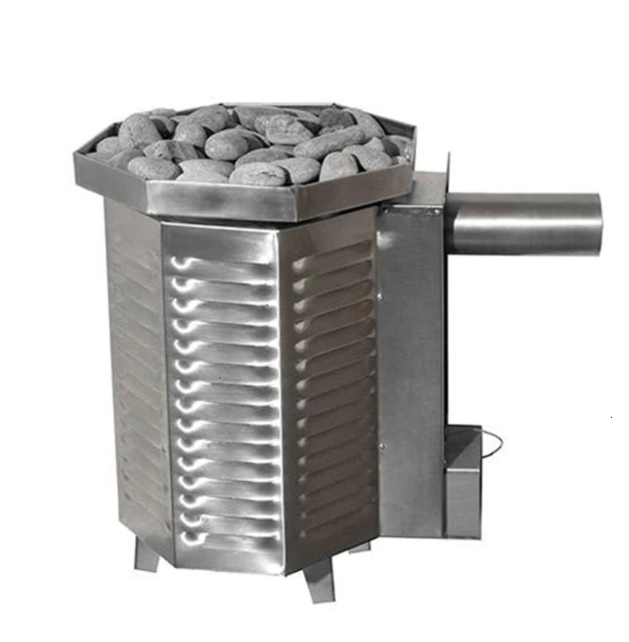 Scandia 80K BTU gas sauna heater with a stainless steel body and rock storage for optimal heat distribution.