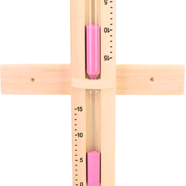 Close-up view of the Scandia Wall-Mounted Sand Timer, showing precision markings and pink sand for tracking sauna sessions.