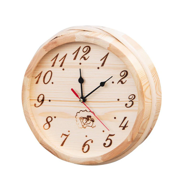 A handcrafted wooden sauna clock with burned-in numbers and a natural cedar finish.