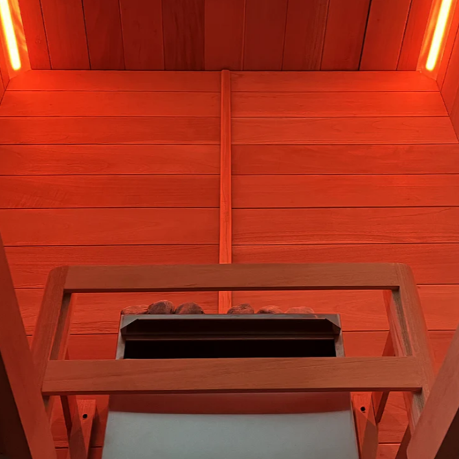 Scandia 4.5KW Electric Sauna Heater installed inside a premium sauna. Captured from a low-angle view, showcasing the heater’s placement, warm ambient lighting, and wooden interior for an immersive sauna experience.